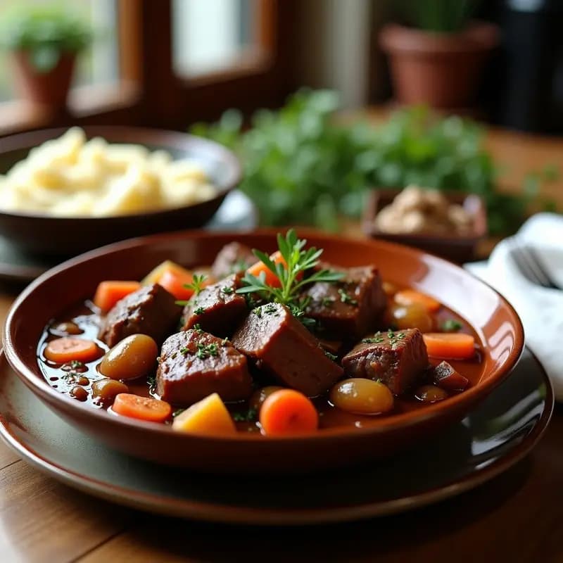 Plato hondo de cerámica blanca con Bœuf Bourguignon, trozos de carne ternera estofada en salsa oscura y brillante, acompañados de cebollitas perlitas doradas y champiñones portobello. Decorado con perejil fresco y servido sobre mantel rústico de lino.