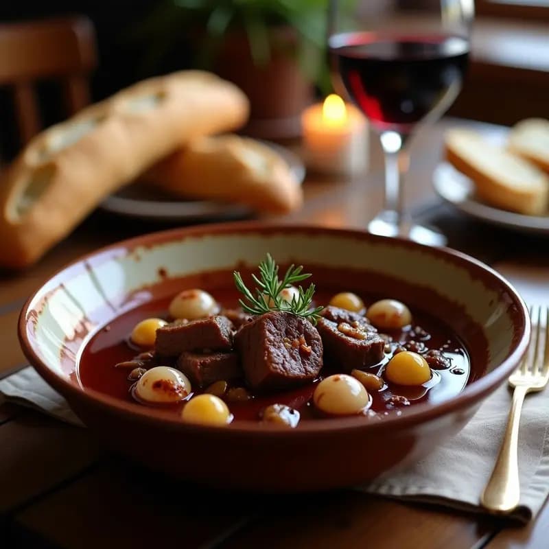 Plato hondo de barro con Bœuf Bourguignon, trozos de ternera dorada bañados en salsa oscura de vino tinto, champiñones portobello brillantes y cebollitas perlitas enteras, decorado con una ramita de tomillo fresco. Fondos borrosos de una mesa rústica con pan y vino.