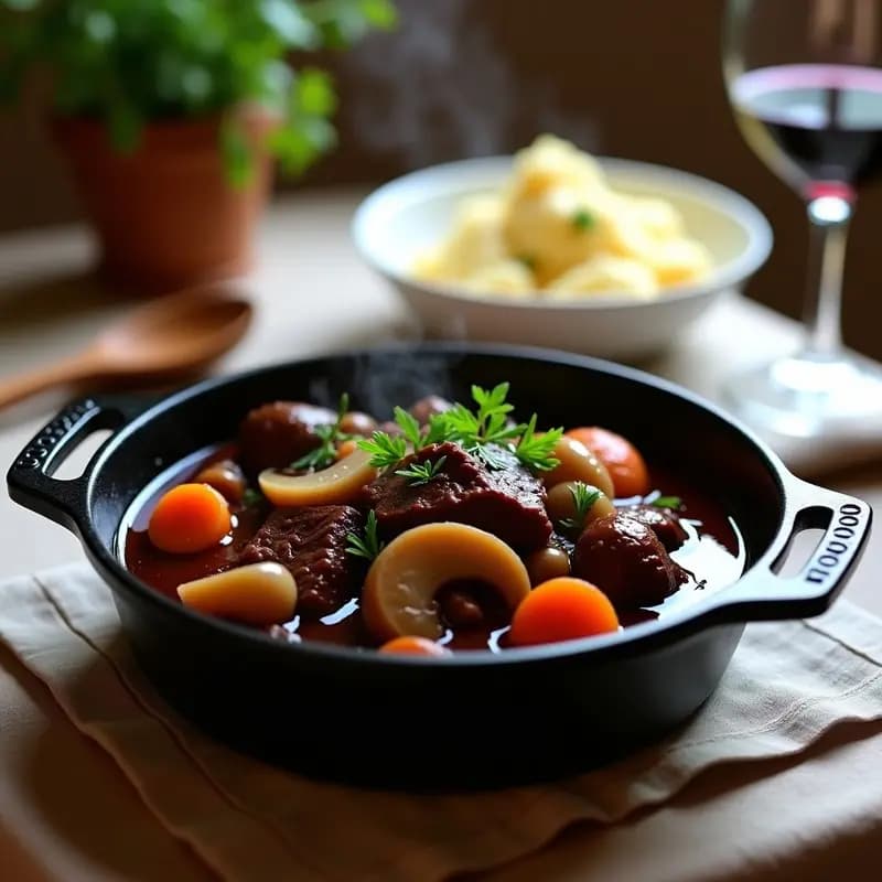 Cazuela de barro humeante con Boeuf Bourguignon: trozos de carne de ternera dorada bañados en salsa espesa de vino tinto, champiñones laminados, cebollitas perlitas y zanahorias. Acompañado de puré de patata cremoso y decorado con perejil fresco sobre fondo rústico de madera.