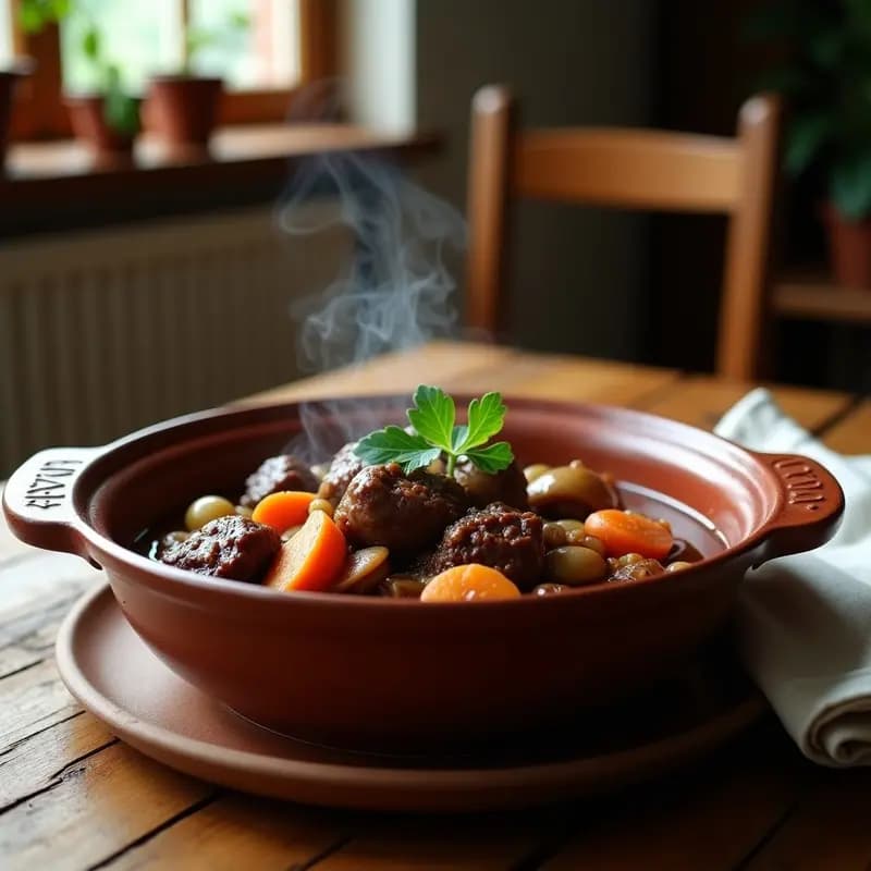 Plato hondo de barro con Bœuf Bourguignon Francés con Hongos y Cebollitas Perlitas, estofado oscuro y brillante con trozos de ternera, hongos shiitake y portobello, cebollitas perlitas doradas y zanahorias, decorado con perejil fresco. Receta clásica francesa en olla exprés.
