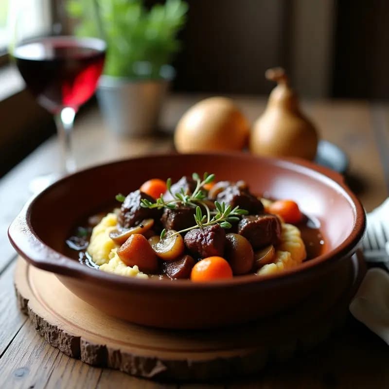 Plato hondo de barro con Bœuf Bourguignon y hongos silvestres, salsa oscura y espesa, trozos de ternera tierna, zanahorias y cebollas caramelizadas. Acompañado de perejil fresco y pan tostado. Receta francesa en olla lenta alta en hierro.