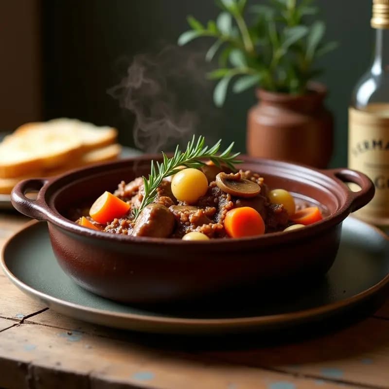Plato hondo de cerámica oscura con Bœuf Bourguignon de Jackfruit, un guiso vegano francés espeso de color marrón oscuro, lleno de trozos de jackfruit desmenuzada, setas portobello, zanahorias y hierbas frescas, servido con un puré de patatas cremoso al lado.