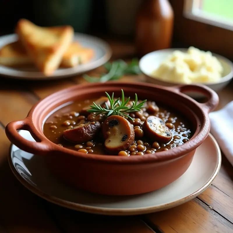 Cazuela de barro con Bœuf Bourguignon vegano de lentejas pardinas y hongos portobello, espeso y brillante, decorado con ramitas de tomillo fresco sobre fondo rústico de madera.
