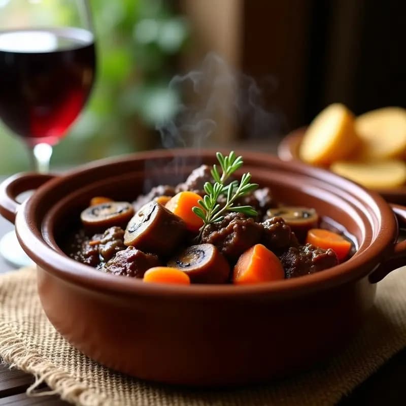 Plato hondo de barro con Bœuf Bourguignon con Champiñones Portobello, salsa oscura y espesa, trozos de carne ternera, champiñones laminados y zanahorias, decorado con tomillo fresco, sobre un mantel rústico.