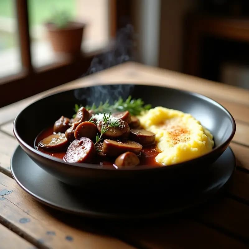 Plato hondo de cerámica negra con Bœuf Bourguignon de ternera en salsa oscura y brillante, acompañada de Champiñones Portobello dorados y puré de coliflor cremoso. Decorado con perejil fresco, sobre un mantel rústico de lino.