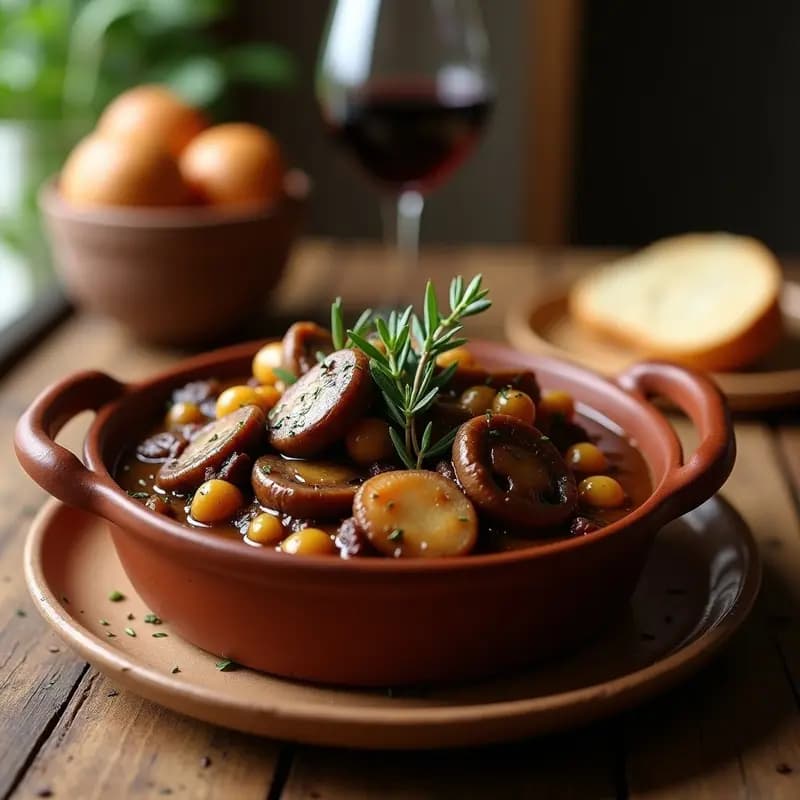 Olla de barro con Bœuf Bourguignon vegano de portobello, hongos shiitake y cebollitas perlitas en salsa espesa y oscura, decorado con ramitas de tomillo fresco sobre fondo rústico de madera.