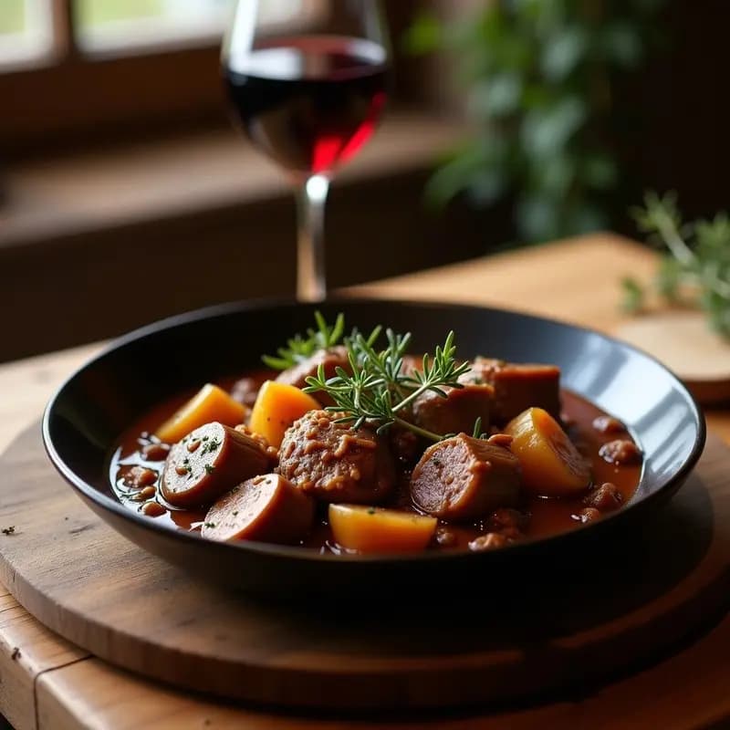 Estofado de Bœuf Bourguignon Francés con setas portobello y cebolla caramelizada servido en un bol de cerámica oscura, con trozos de carne tierna, láminas de setas brillantes y cebolla dorada. Acompañado de una ramita de tomillo fresco y un fondo borroso de una copa de vino tinto.