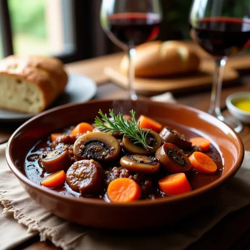 Plato hondo de barro con Bœuf Bourguignon vegano de setas portobello, cebollitas perlitas y zanahorias, bañado en salsa oscura y espesa, decorado con perejil fresco.