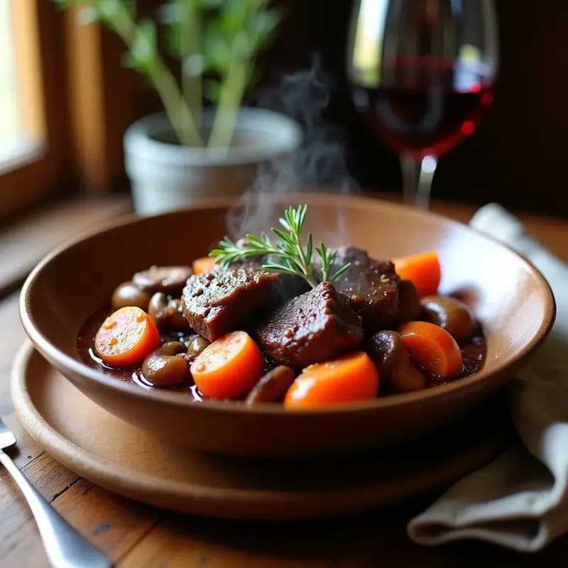 Plato hondo de barro con Boeuf Bourguignon con setas shiitake, zanahorias moradas y naranjas, bañado en una salsa oscura y espesa, servido sobre un mantel rústico de lino. Receta francesa en slow cooker.