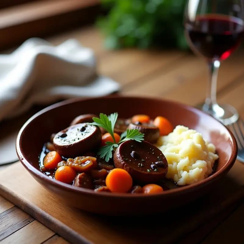 Plato hondo de cerámica negra con Bœuf Bourguignon vegano: hongos Portobello en gajos bañados en salsa oscura de vino tinto, cebollitas perlitas enteras, zanahorias y almendras tostadas espolvoreadas. Decorado con perejil fresco y una rama de tomillo. Fondo rústico con servilleta de lino.