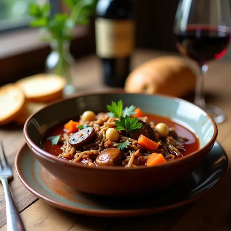 Plato hondo de barro con Bœuf à la Bourguignonne vegano de jackfruit, champiñones portobello dorados, cebollitas perlitas y zanahorias en salsa espesa de vino tinto, decorado con hierbas frescas.