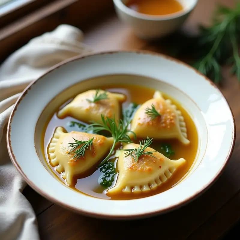Plato hondo de cerámica blanca con Böhler Maultaschen de espinacas y queso de cabra, cocinadas en olla lenta, bañadas en un caldo dorado y decoradas con eneldo fresco. Receta alemana tradicional.