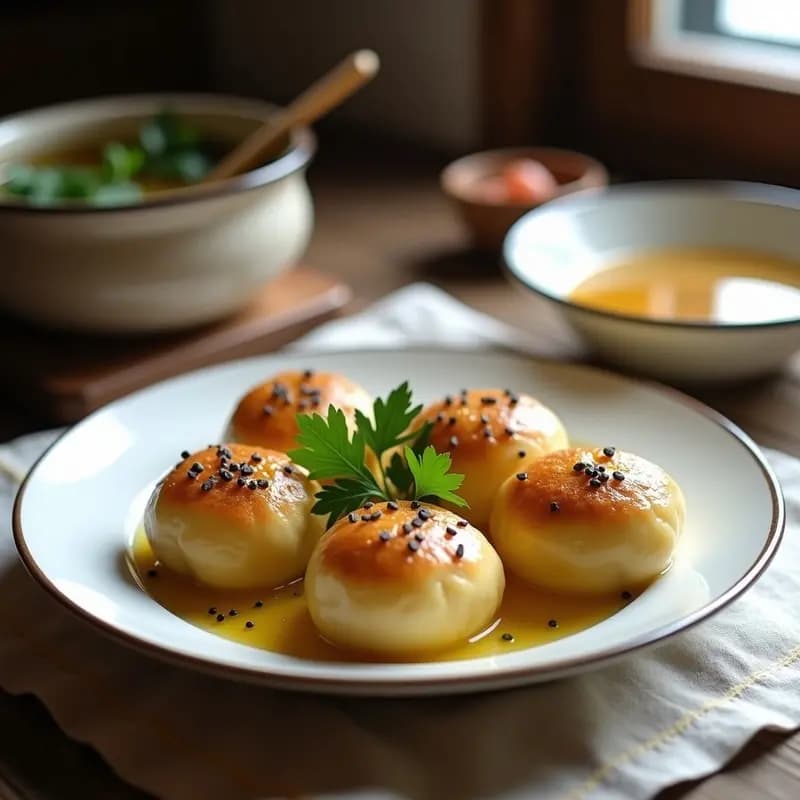 Plato blanco con Böhmerwaldknödel austriacos, albóndigas de pan doradas con semillas de amapola visibles, bañadas en mantequilla derretida brillante, decoradas con perejil fresco y servidas sobre un mantel de lino.