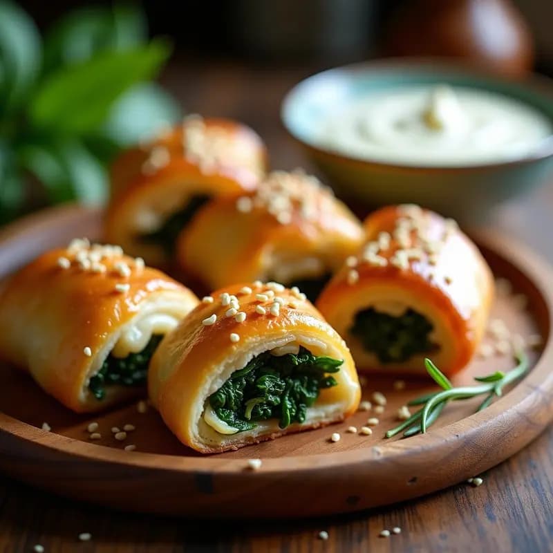 Böhrek de espinacas y feta en airfryer: rollos dorados y crujientes de masa yufka rellenos de espinacas y queso feta, espolvoreados con semillas de sésamo, servidos en una fuente de madera con hierbas frescas.