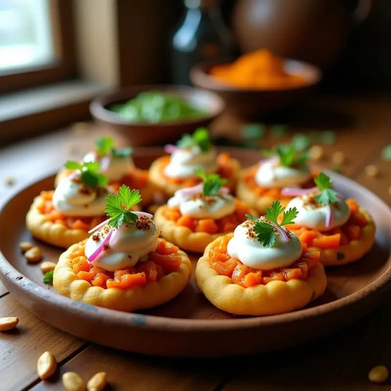 Plato de Bohri Dahi Puri con puris dorados y crujientes rellenos de batata y cacahuetes, cubiertos de yogur de coco especiado, chutneys de tamarindo y menta, cebolla morada y cilantro fresco sobre una bandeja de madera.