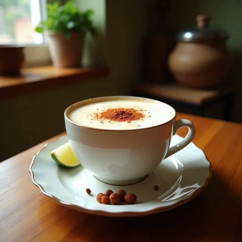 Taza de cerámica blanca humeante con Bohri Tea de Especias y Leche de Coco, de color dorado cremoso, decorada con pistachos picados y una rama de canela al lado. Fondo rústico con especias enteras esparcidas.