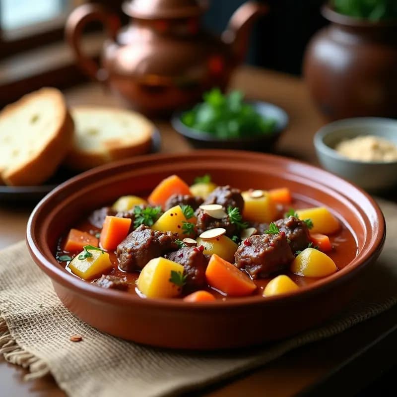 Plato hondo de barro con bohriat de cordero armeniolo, trozos tiernos de cordero, patatas rojas y zanahorias en un caldo espeso y aromático, decorado con almendras tostadas y perejil fresco.