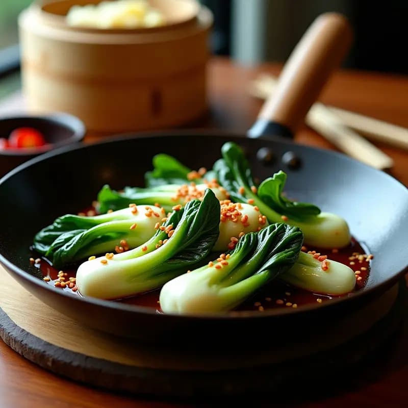 Wok negro con Pk Choy salteado con salsa de ostras vegana, tallos dorados y crujientes, hojas verdes brillantes, decorado con semillas de sésamo y setas shiitake. Plato rápido y saludable de cocina china.