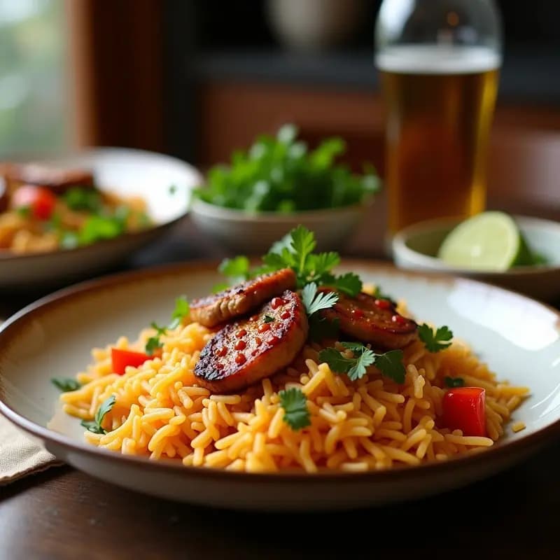 Sartén de hierro con bokkeumbap coreano, arroz frito picante con trozos de carne dorada, zanahoria, pimiento rojo y huevo revuelto, decorado con semillas de sésamo y cebollino fresco.