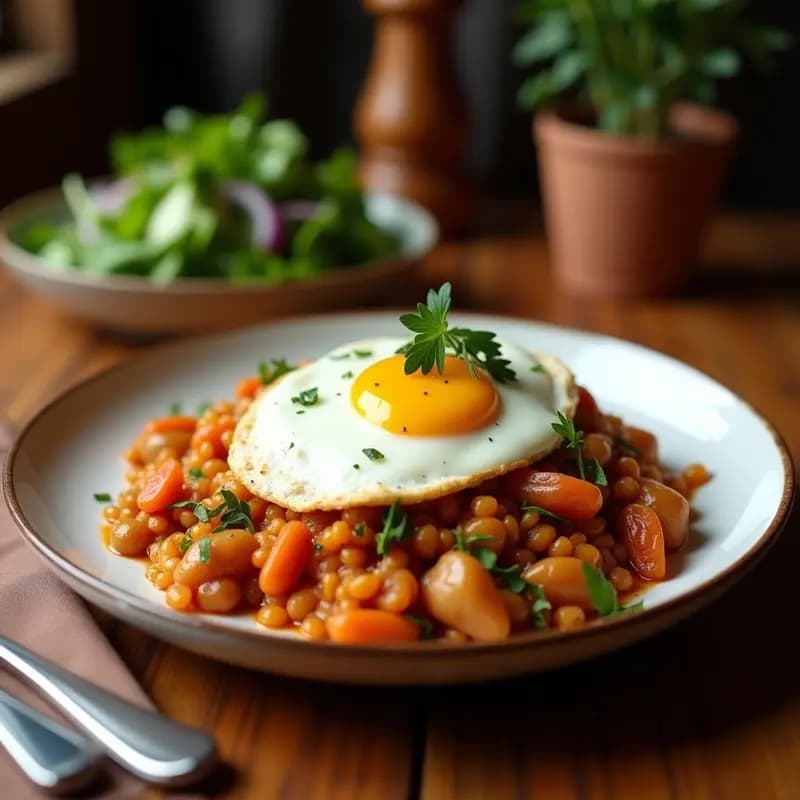 Plato hondo de cerámica negra con bokkeumbap coreano: arroz rojizo salteado con espinacas verdes, trozos de zanahoria naranja y cebolla morada, coronado con dos huevos fritos de yema líquida y espolvoreado con semillas de sésamo. Receta en 20 minutos con arroz sobrante.