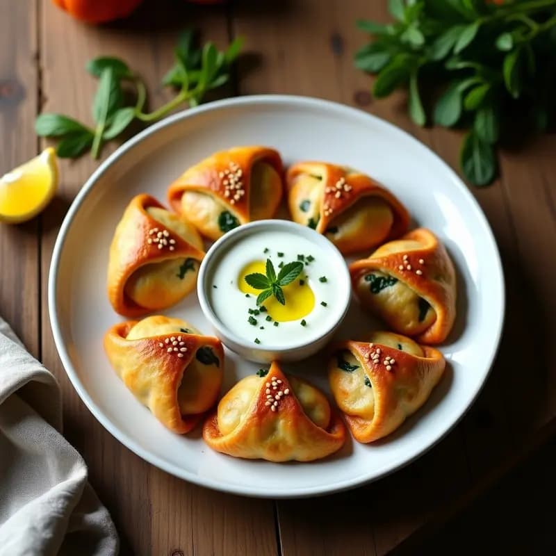Bolani Afgano dorado y crujiente relleno de espinacas y calabaza, servido en un plato de cerámica con salsa de yogur cremosa y semillas de sésamo, aperitivo vegano tradicional.