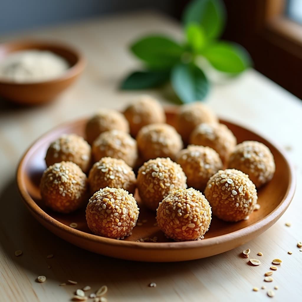 Bolas de energía de avena y polvo de lúcuma dispuestas en un plato de madera rústico, con coco rallado visible en su superficie y semillas de sésamo tostadas como decoración. Snack peruano sin horno, saludable y energético.
