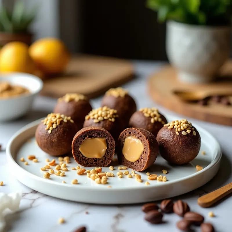Bolas de energía de cacao y semillas de girasol con relleno de mantequilla de maní, snack fitness crujiente por fuera y cremoso por dentro, decoradas con coco rallado y semillas, sobre fondo blanco con texturas rústicas.