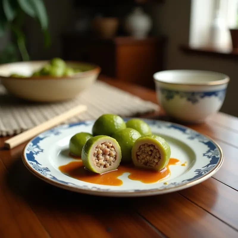 Plato de bolas de melón amargo rellenas de carne picada y arroz salvaje, cocinadas en olla express, con un toque dorado y caldo espeso. Receta china tradicional.