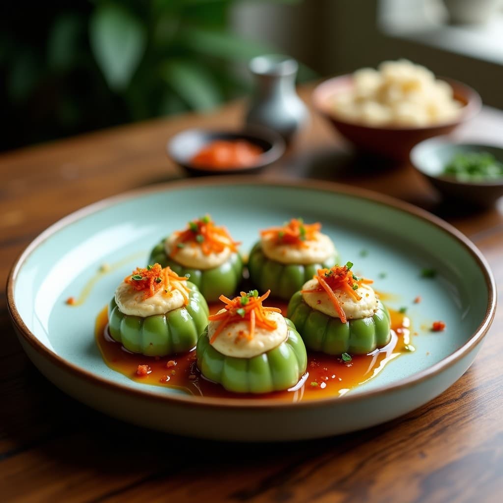 Bolas de melón amargo rellenas de tofu especiado, doradas y crujientes, con semillas de sésamo negro y cebollino fresco, servidas en bandeja de madera sobre fondo oscuro, aperitivo chino vegano.