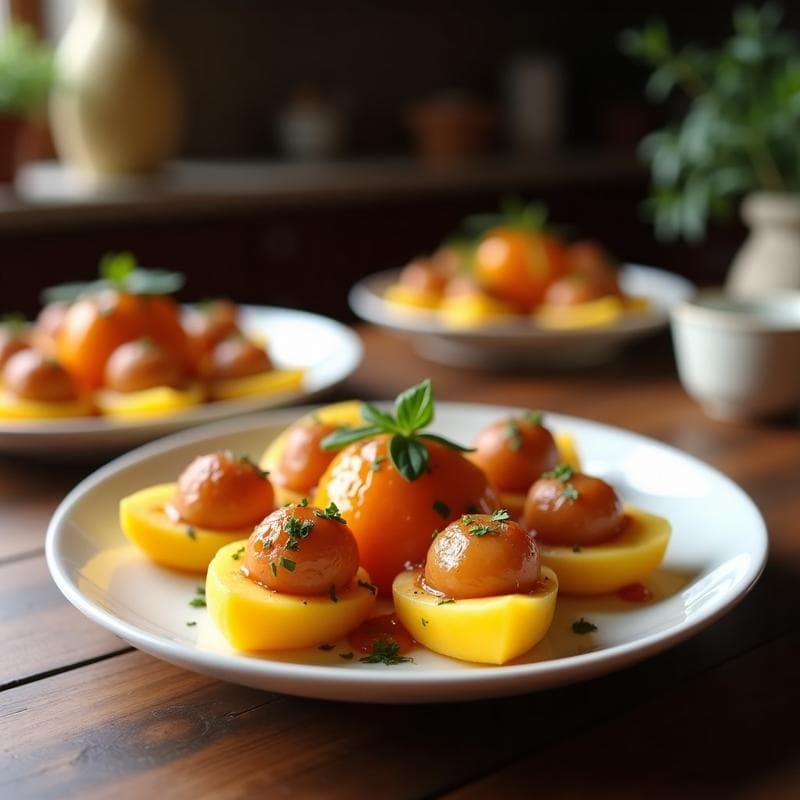 Brochetas de bolas de melón verde y taquitos de jamón serrano en palillos de madera, servidas sobre la tapa de un melón vaciado, aperitivo dulce-salado español.