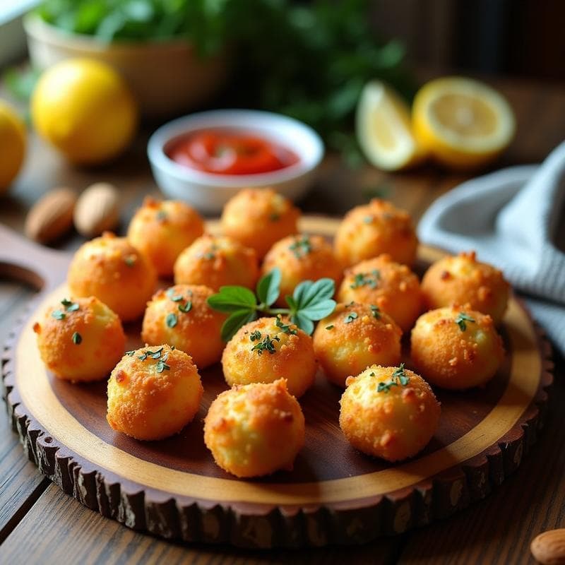 Bolas doradas y crujientes de queso de almendra y orégano dispuestas en una fuente de madera rústica, con un fondo de hierbas frescas y un cuenco pequeño de salsa de tomate al lado. Receta de aperitivo italiano sin lactosa hecho en airfryer.