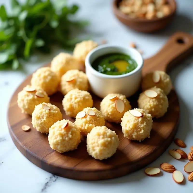 Bolas de queso de almendras cubiertas de almendras fileteadas, servidas en bandeja de madera con pesto de rúcula verde intenso en un bol pequeño. Aperitivo italiano keto fresco y colorido.