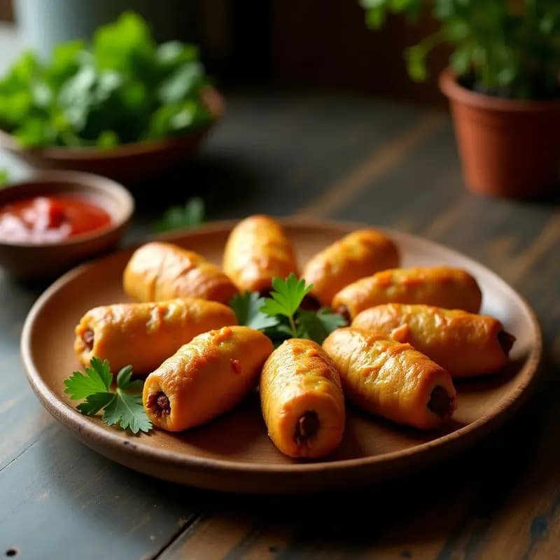 Bolenas de plátano macho doradas y crujientes rellenas de carne mechada, servidas en un plato de madera rústico con hojas de cilantro y salsa de yogur al lado, receta dominicana en airfryer.