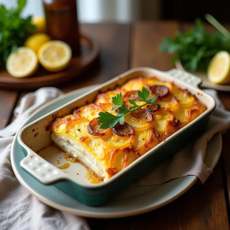 Pastel de pescado portugués Boli de Peixe dorado al horno, con capas visibles de patatas, cebolla caramelizada y merluza, servido en molde rectangular con perejil fresco espolvoreado.