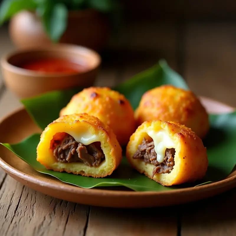 Boli de yuca dorados y crujientes rellenos de carne mechada y queso Guyamare fundido, servidos sobre hojas de bijao con un toque de ají dulce al lado. Receta venezolana de fusión.