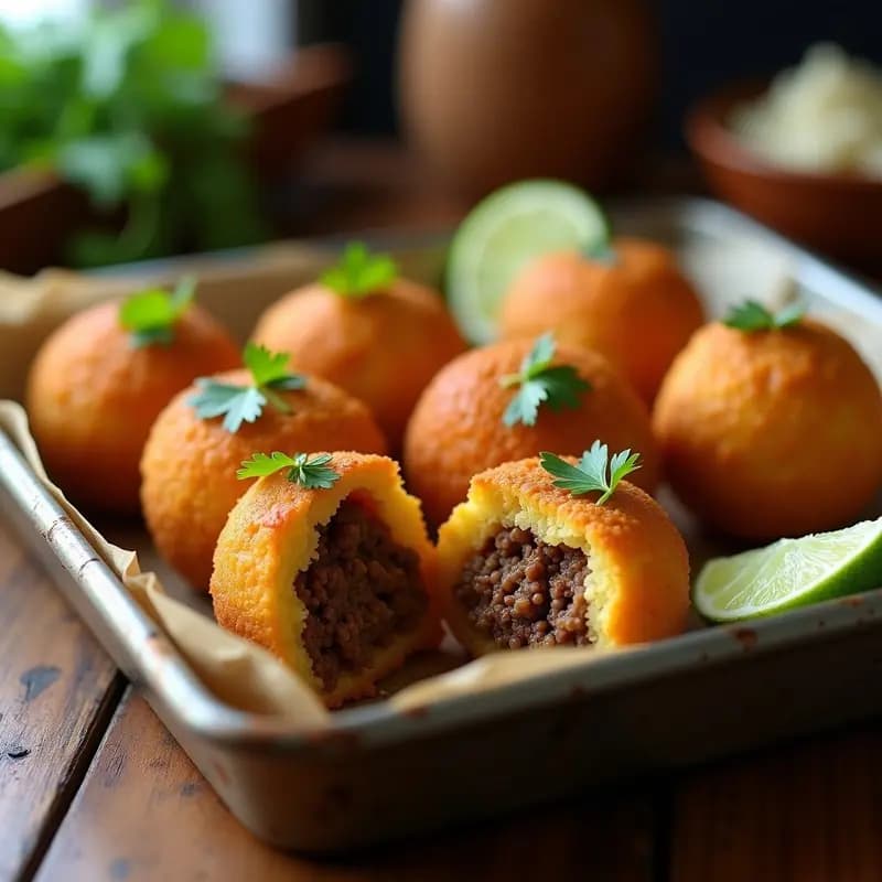 Bandeja de horno con bollos de yuca dorados y crujientes rellenos de carne molida, servidos con rodajas de aguacate y salsa de ají al lado. Receta venezolana tradicional sin gluten.