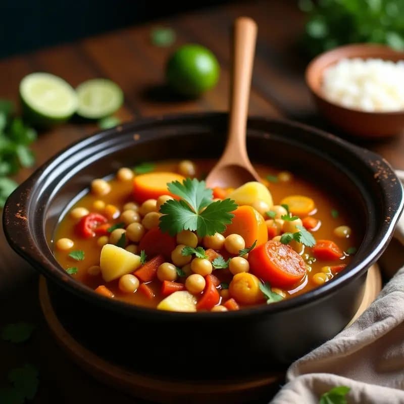 Plato hondo de barro con Boliche Criollo Dominicano vegano: garbanzos, plátano verde, yautía y batata en un estofado espeso con especias, decorado con cilantro fresco y rodajas de limón. Receta reconfortante en olla lenta.