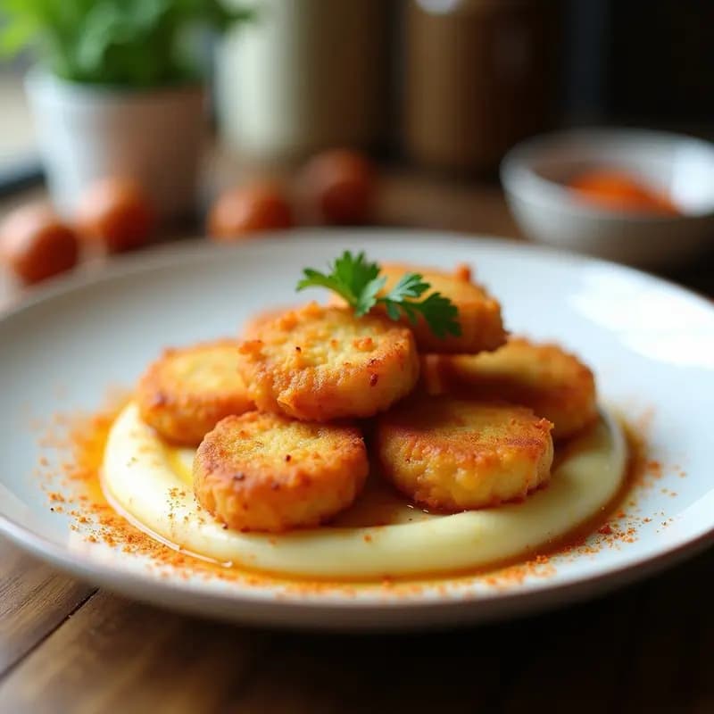 Bolinhas de bacalhau doradas y crujientes servidas sobre un puré de patata cremoso, espolvoreadas con pimentón de la Vera, en un plato de cerámica blanca con fondo rústico. Receta portuguesa crujiente en airfryer.