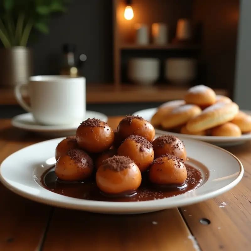 Plato blanco rústico con Bolinhas de Chuva brasileñas doradas y esponjosas, bañadas en chocolate caliente especiado con canela, decoradas con almendras fileteadas y servidas con una cucharita de madera. Postre tradicional sin gluten.