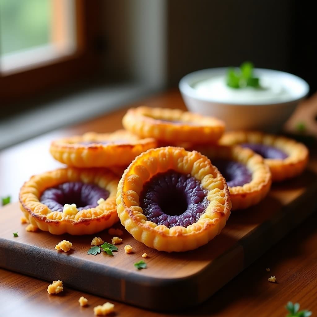 Bolini de patata morada y queso azul dorados y crujientes, servidos en una fuente de madera rústica con perejil fresco y salsa de yogur, receta de aperitivo español en airfryer.