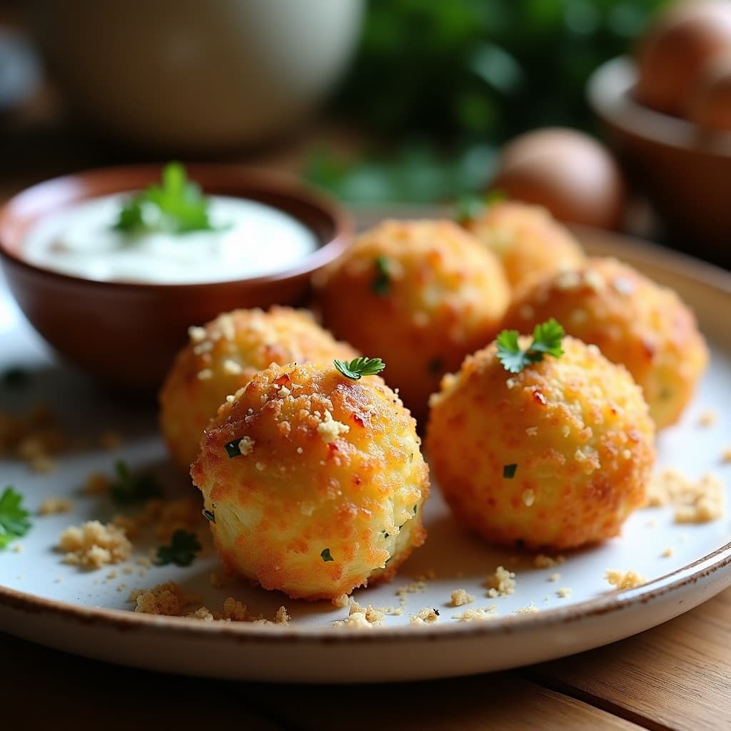 Bolitas doradas y crujientes de arancini de coliflor y champiñones keto servidas en un plato blanco rústico, con una salsa cremosa de yogur griego y ajo negro al lado. Decoradas con perejil fresco picado y espolvoreadas con almendras molidas.