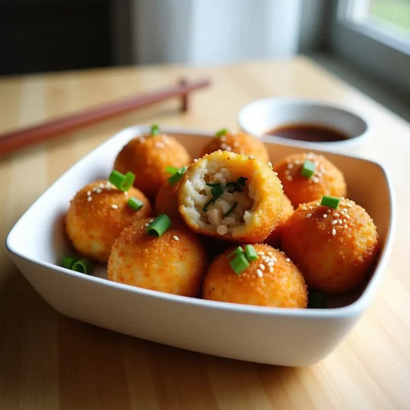 Bolitas doradas de arroz frito rellenas de pollo teriyaki y vegetales, servidas en un tupper con semillas de sésamo y cebollino fresco, receta china en airfryer.