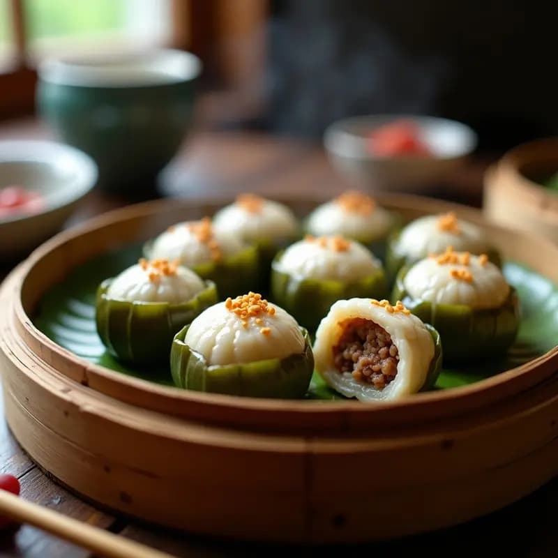 Bolitas de arroz glutinoso rellenas de cerdo y setas shiitake, envueltas en hojas de loto, servidas en una vaporera de bambú con un chorrito de aceite de sésamo, receta tradicional china para Año Nuevo.