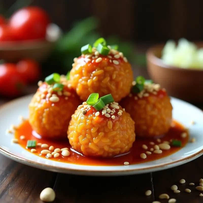 Bolitas doradas de arroz inflado crujiente bañadas en salsa de tamarindo brillante, espolvoreadas con cacahuetes picados, semillas de sésamo y cebollino fresco, servidas en plato blanco sobre fondo oscuro. Receta de snack indio virales.