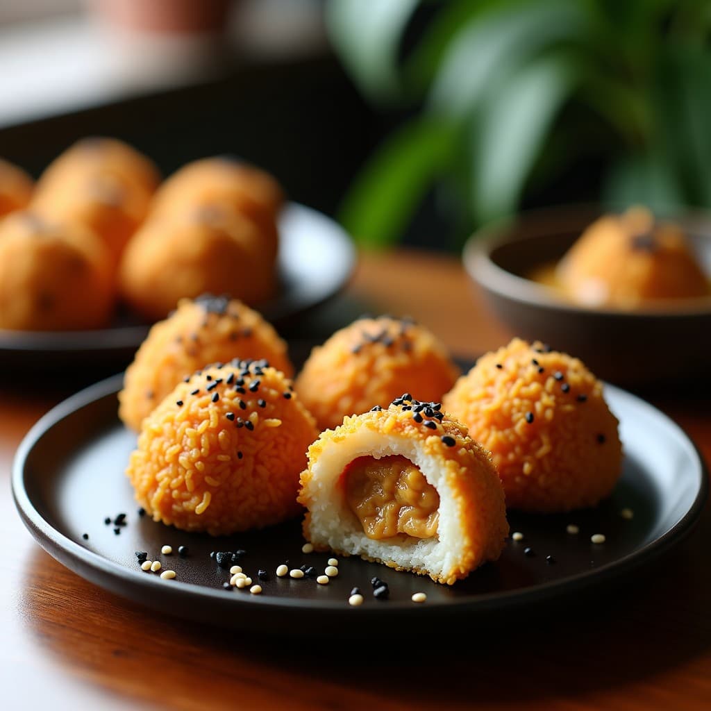 Bolitas de arroz Vader doradas y crujientes en Airfryer, rellenas de pollo al curry japonés, decoradas con algas nori y semillas de sésamo negro sobre un plato de madera oscura.