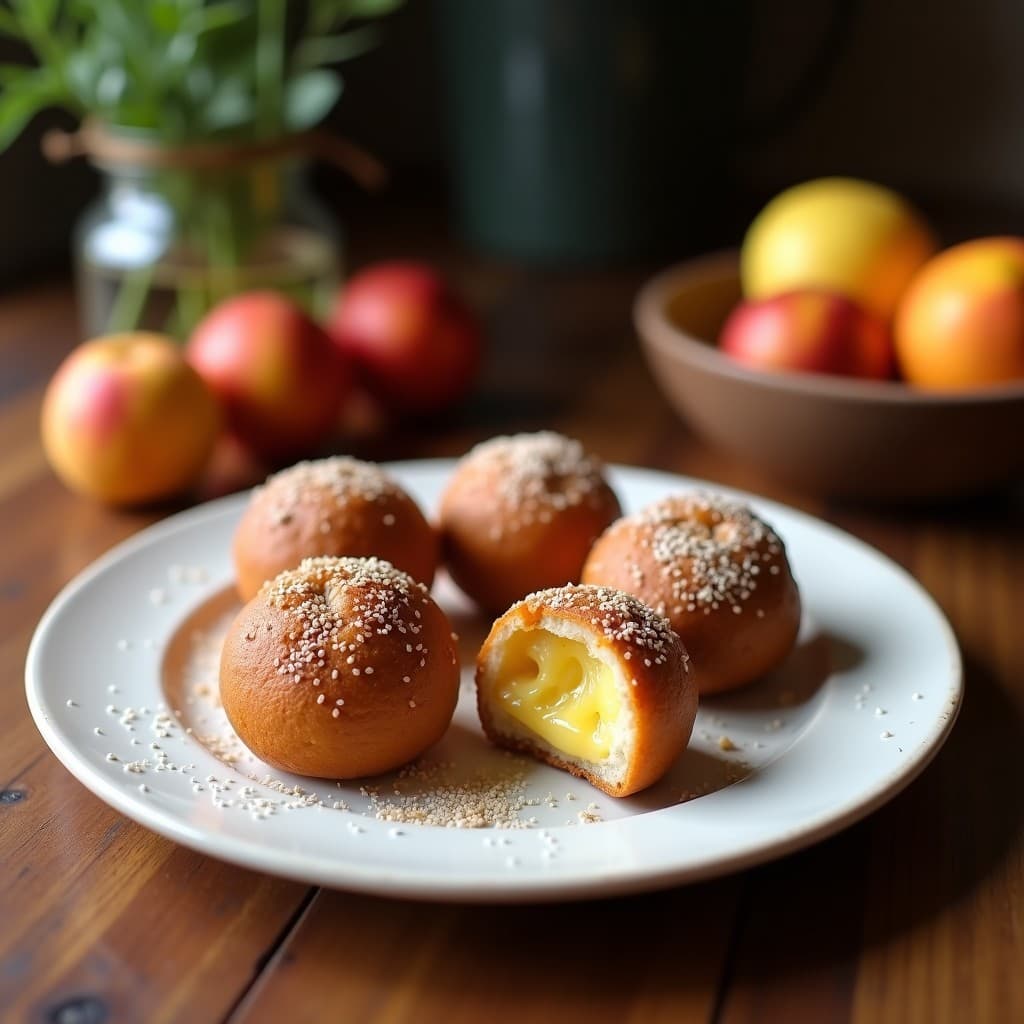 Bolitas de avena y cacao con relleno de manzana dispuestas en un plato blanco sobre fondo de madera, decoradas con coco rallado y rodajas de manzana verde. Snack saludable sin horno.