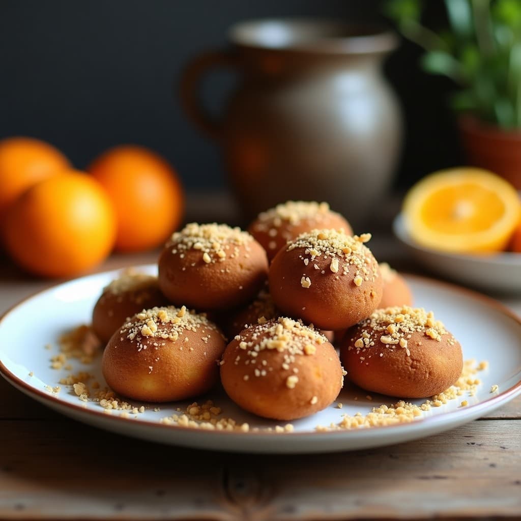 Bolitas de avena y cacao con esencia de naranja dispuestas en un plato blanco rústico, cubiertas de coco rallado y con trocitos de naranja fresca alrededor. Receta sin horno y energética, ideal para desayunos saludables.