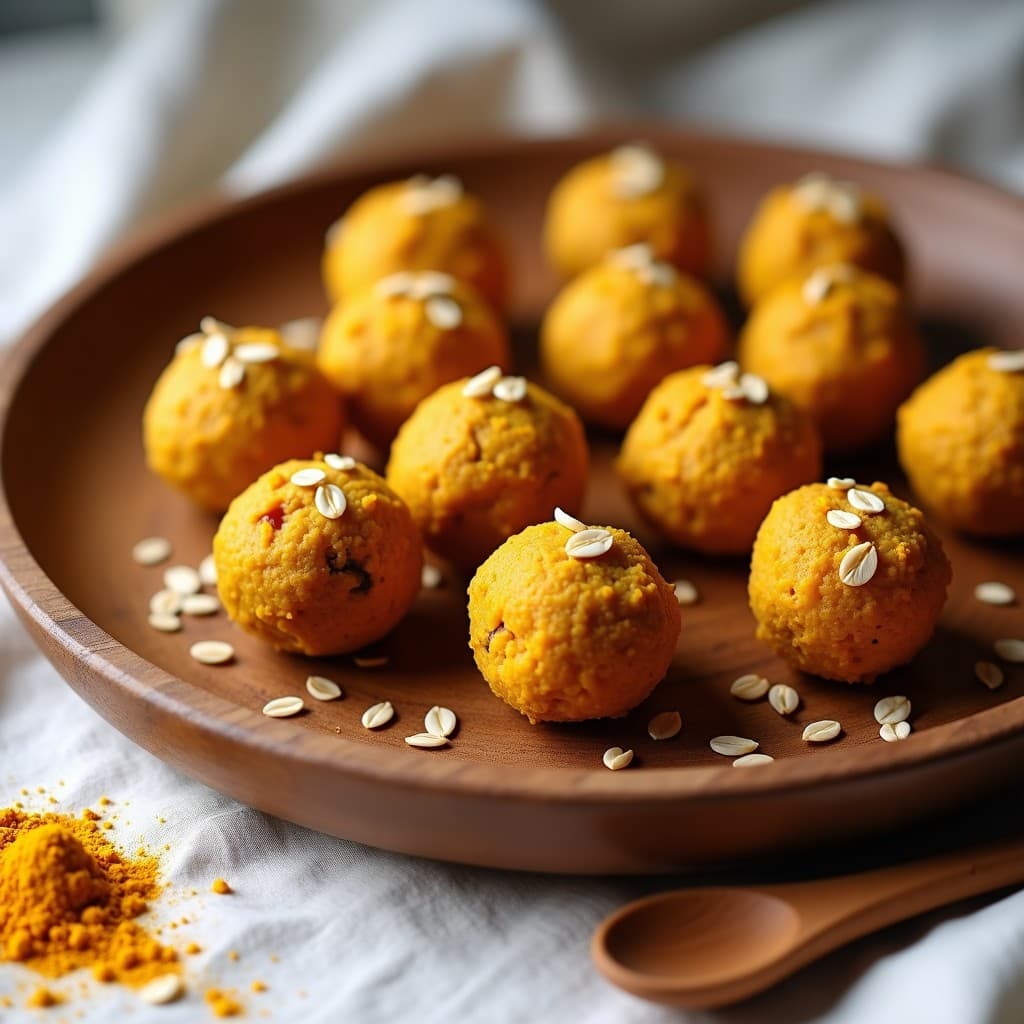 Bolitas doradas de avena y cúrcuma con pasas y nuez moscada, cubiertas de coco rallado, presentadas en un plato blanco sobre fondo rústico de madera. Snack energético y antiinflamatorio casero.