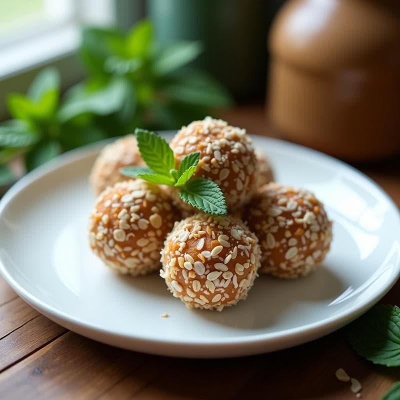 Bolitas de avena y dátiles con esencia de menta servidas en un plato blanco sobre fondo rústico, espolvoreadas con coco rallado, snack energético sin azúcar.