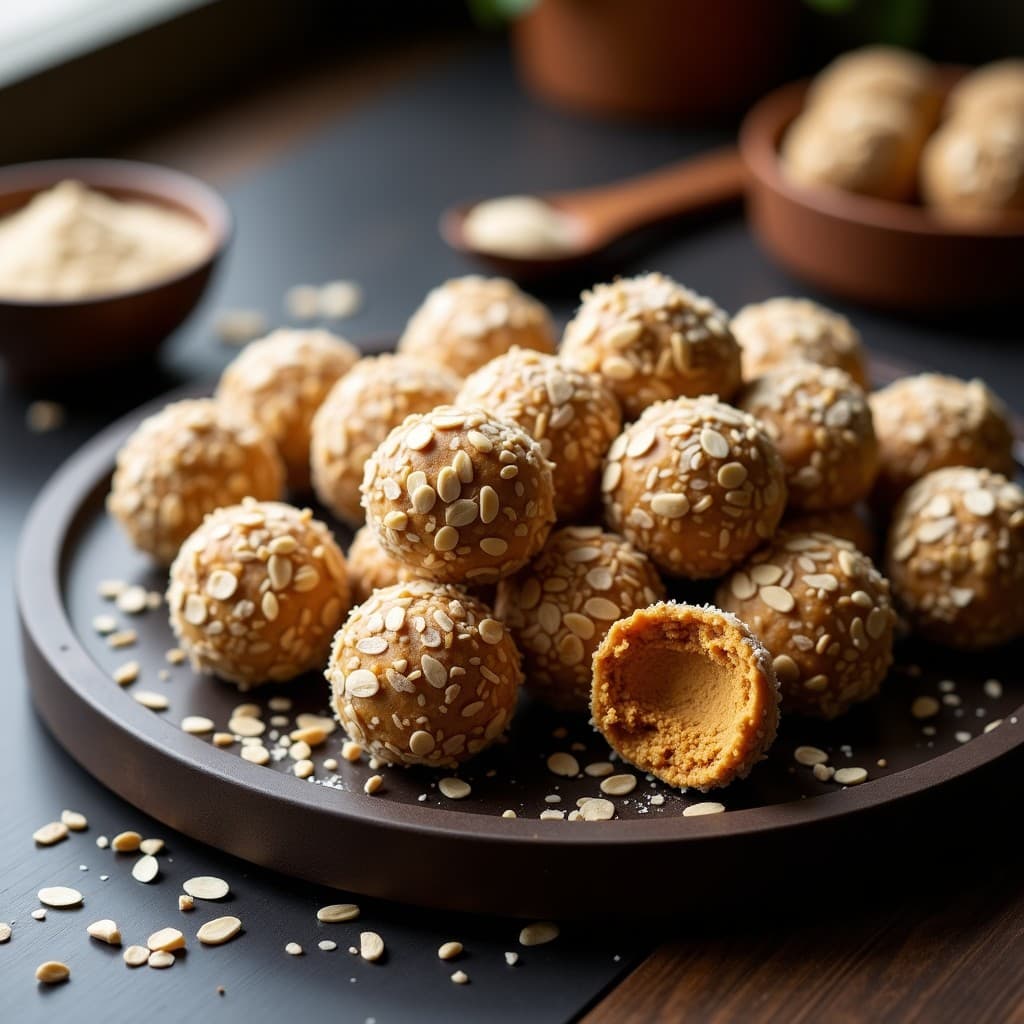 Bolitas de avena y polvo de hongos reishi servidas en un plato de madera rústico, cubiertas de coco rallado, con semillas de chía y cacao en polvo espolvoreados alrededor. Snack inmunoestimulante sin horno, saludable y energético.